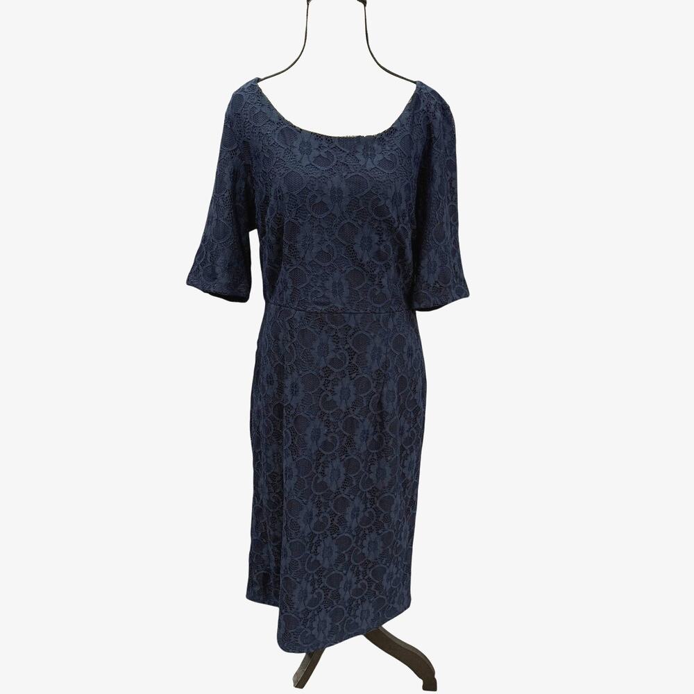 Mikarose Navy Lace Overlay Midi Dress L Coquette 3/4 Sleeve Modest Event Wedding